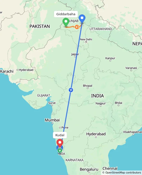 Route map showing distance and travel time from Giddarbaha, India to Kudal, India