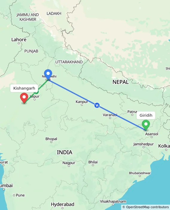 Route map showing distance and travel time from Giridih, India to Kishangarh, India