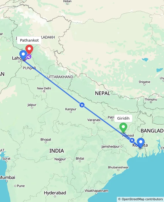 Route map showing distance and travel time from Giridih, India to Pathankot, India