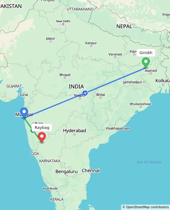Route map showing distance and travel time from Giridih, India to Raybag, India