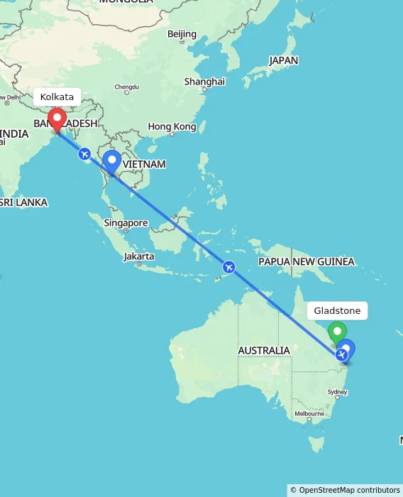 Route map showing distance and travel time from Gladstone, Australia to Kolkata, India