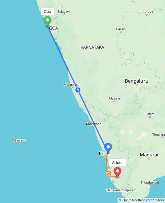 Route map showing distance and travel time from Goa, India to Adoor, India