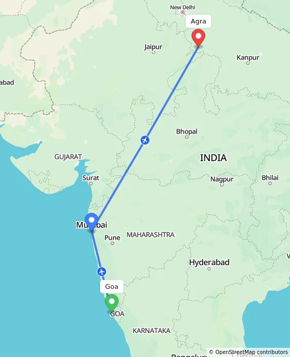 Route map showing distance and travel time from Goa, India to Agra, India