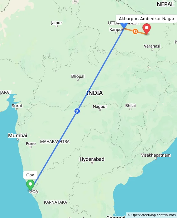 Route map showing distance and travel time from Goa, India to Akbarpur, Ambedkar Nagar, India