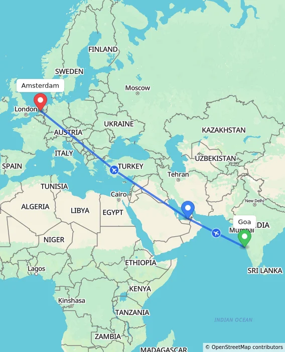 Route map showing distance and travel time from Goa, India to Amsterdam, Netherlands
