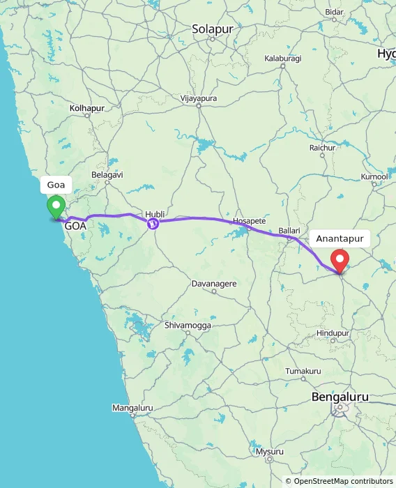 Route map showing distance and travel time from Goa, India to Anantapur, India