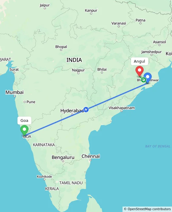 Route map showing distance and travel time from Goa, India to Angul, India