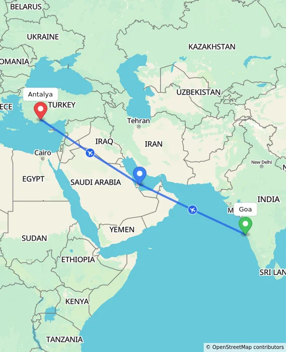 Route map showing distance and travel time from Goa, India to Antalya, Turkey