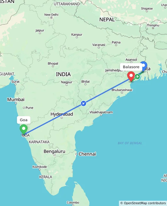 Route map showing distance and travel time from Goa, India to Balasore, India