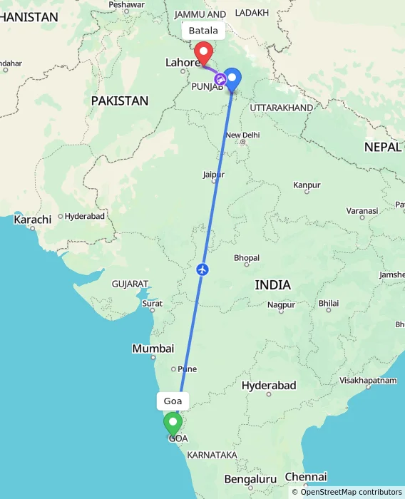 Route map showing distance and travel time from Goa, India to Batala, India