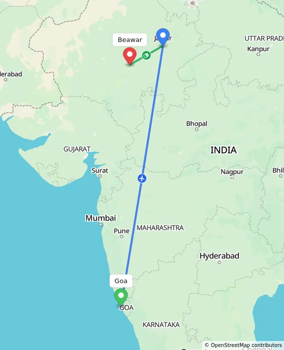 Route map showing distance and travel time from Goa, India to Beawar, India