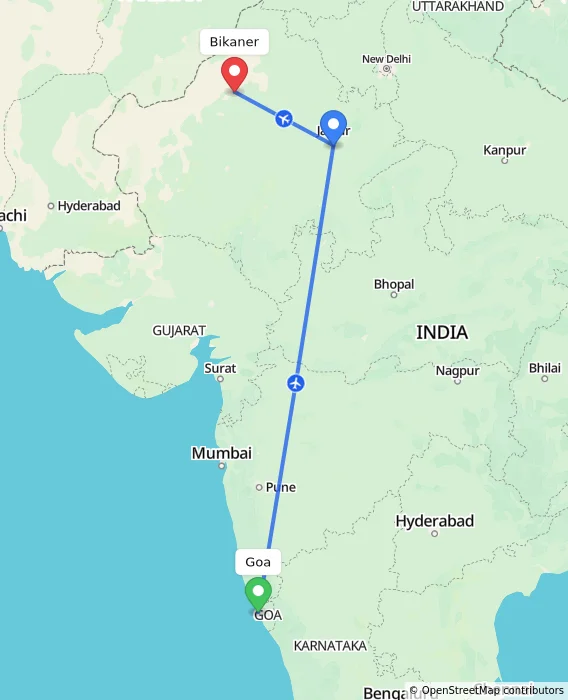 Route map showing distance and travel time from Goa, India to Bikaner, India