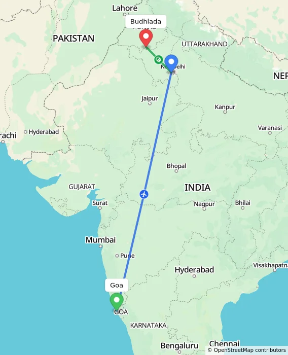 Route map showing distance and travel time from Goa, India to Budhlada, India