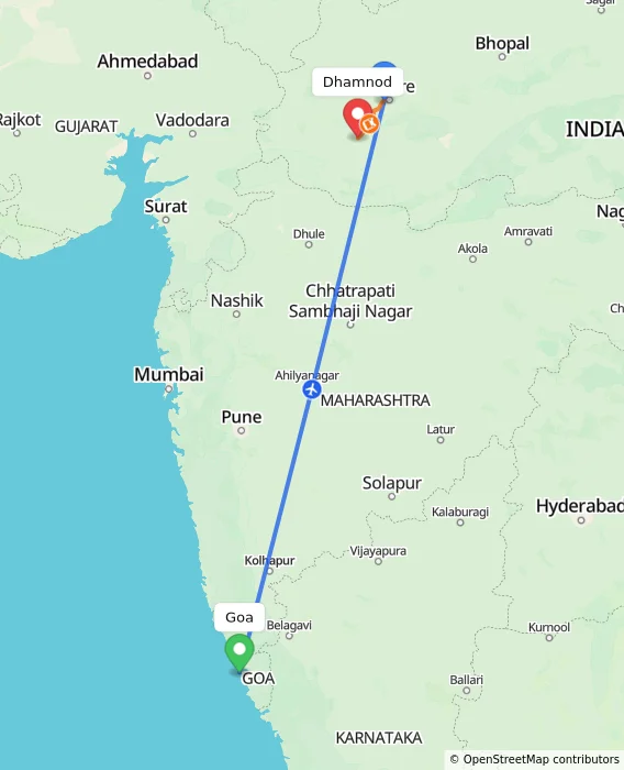 Route map showing distance and travel time from Goa, India to Dhamnod, India