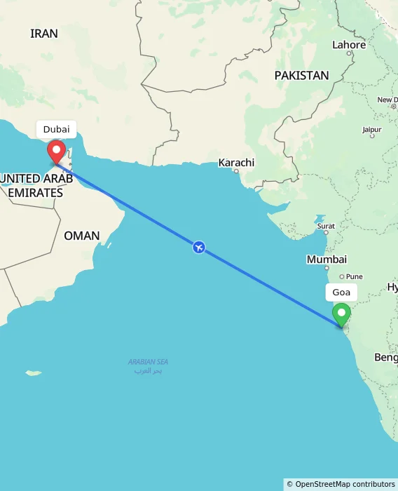 Route map showing distance and travel time from Goa, India to Dubai, United Arab Emirates