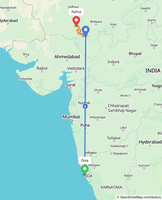 Route map showing distance and travel time from Goa, India to Falna, India