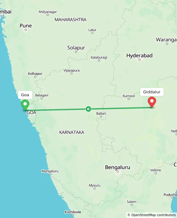 Route map showing distance and travel time from Goa, India to Giddalur, India