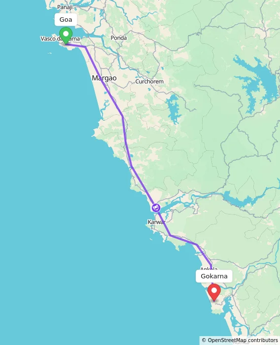 Route map showing distance and travel time from Goa, India to Gokarna, India