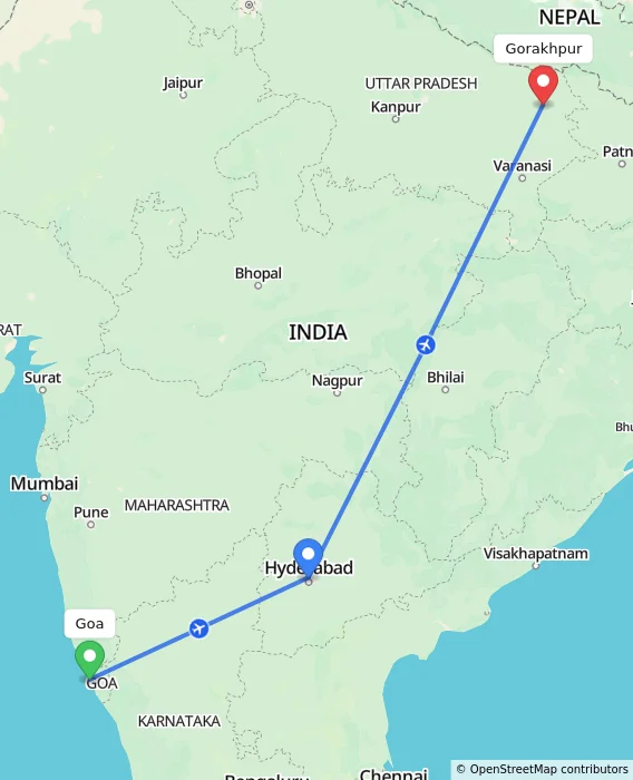 Route map showing distance and travel time from Goa, India to Gorakhpur, India