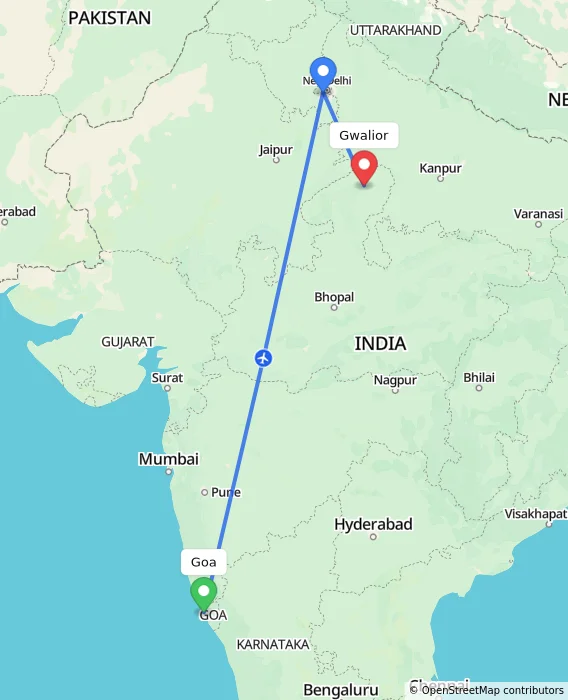 Route map showing distance and travel time from Goa, India to Gwalior, India