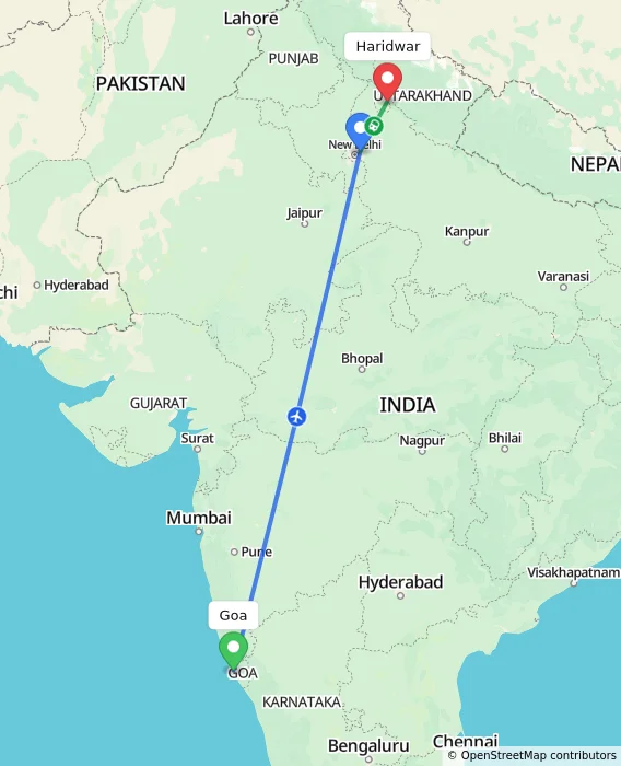 Route map showing distance and travel time from Goa, India to Haridwar, India