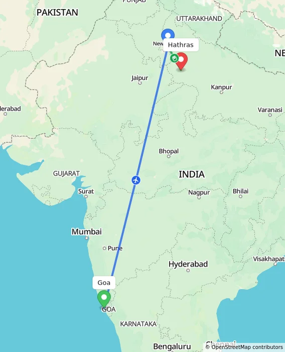 Route map showing distance and travel time from Goa, India to Hathras, India