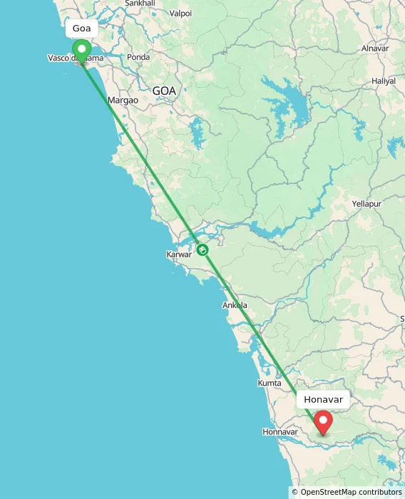 Route map showing distance and travel time from Goa, India to Honavar, India
