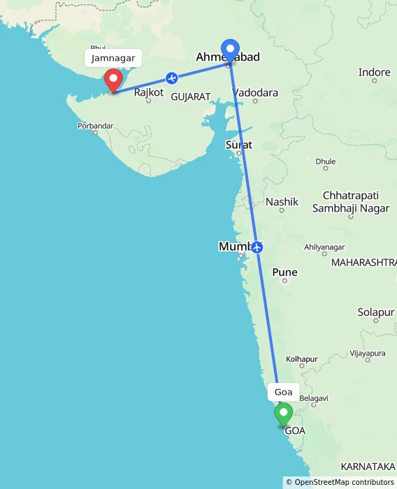 Route map showing distance and travel time from Goa, India to Jamnagar, India