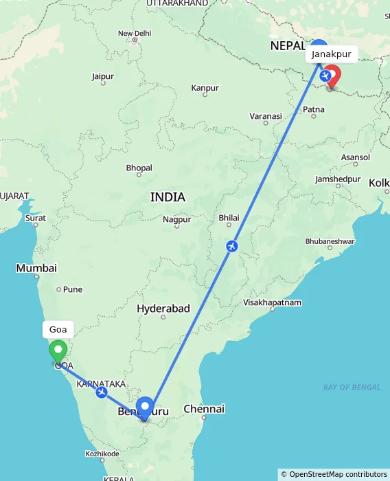 Route map showing distance and travel time from Goa, India to Janakpur, Nepal