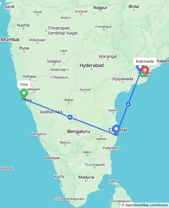 Route map showing distance and travel time from Goa, India to Kakinada, India