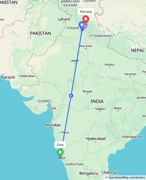 Route map showing distance and travel time from Goa, India to Karsog, India