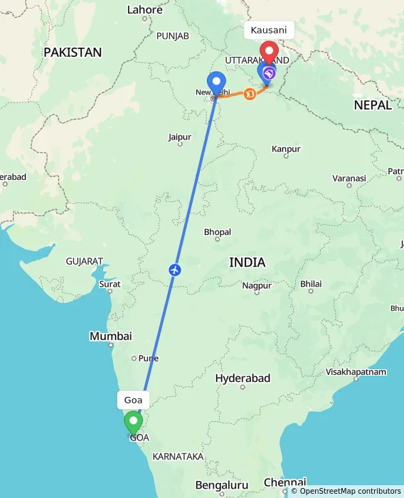 Route map showing distance and travel time from Goa, India to Kausani, India