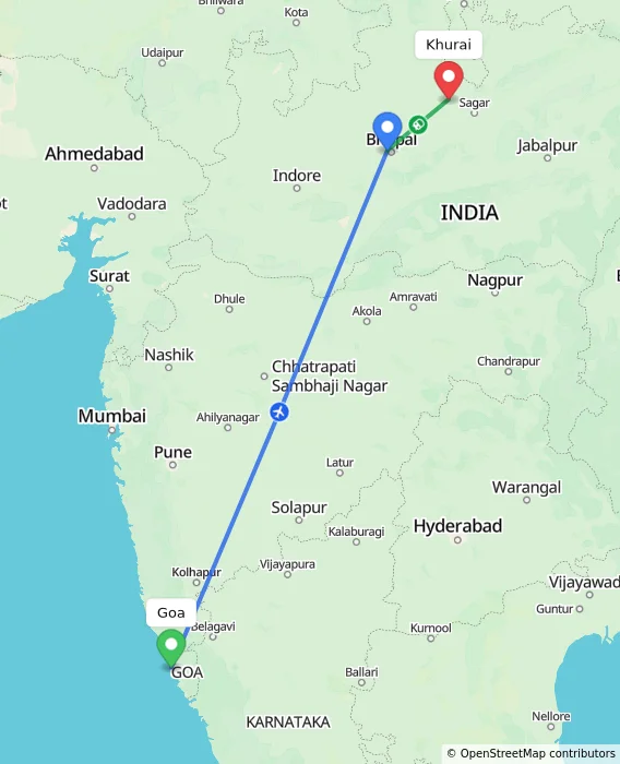 Route map showing distance and travel time from Goa, India to Khurai, India