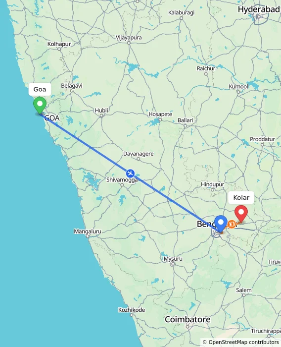 Route map showing distance and travel time from Goa, India to Kolar, India