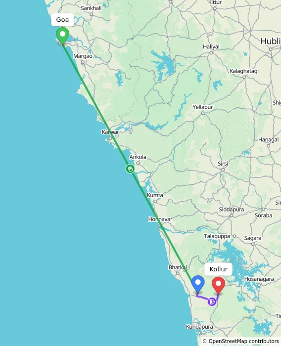 Route map showing distance and travel time from Goa, India to Kollur, India