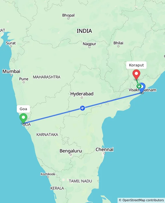 Route map showing distance and travel time from Goa, India to Koraput, India