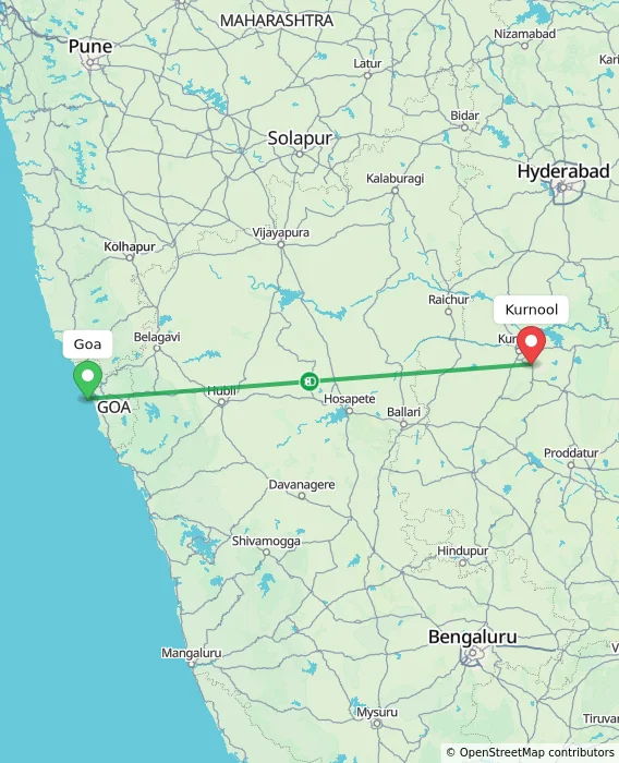 Route map showing distance and travel time from Goa, India to Kurnool, India