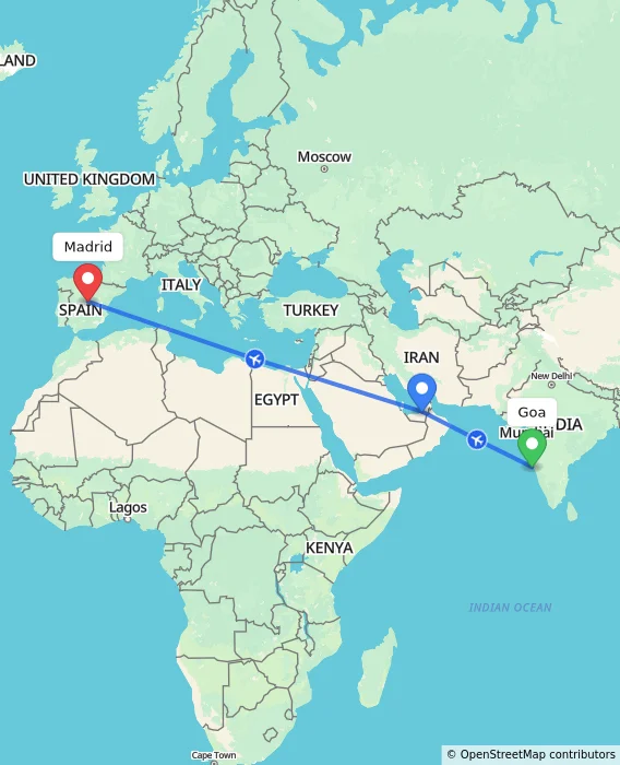 Route map showing distance and travel time from Goa, India to Madrid, Spain