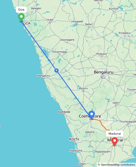 Route map showing distance and travel time from Goa, India to Madurai, India