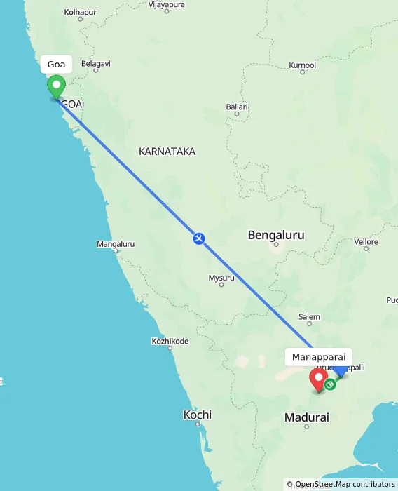 Route map showing distance and travel time from Goa, India to Manapparai, India