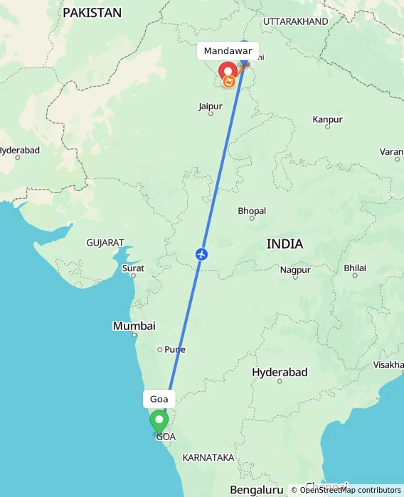 Route map showing distance and travel time from Goa, India to Mandawar, India