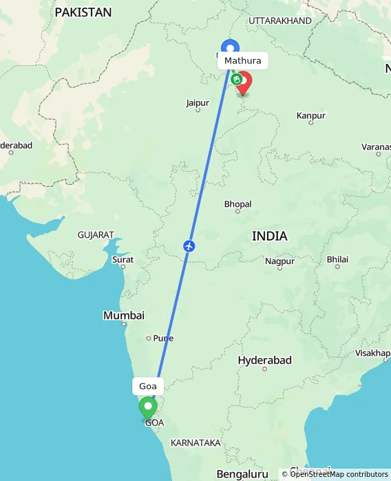 Route map showing distance and travel time from Goa, India to Mathura, India