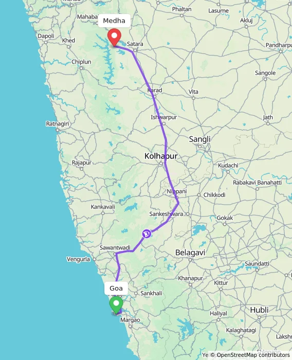 Route map showing distance and travel time from Goa, India to Medha, India