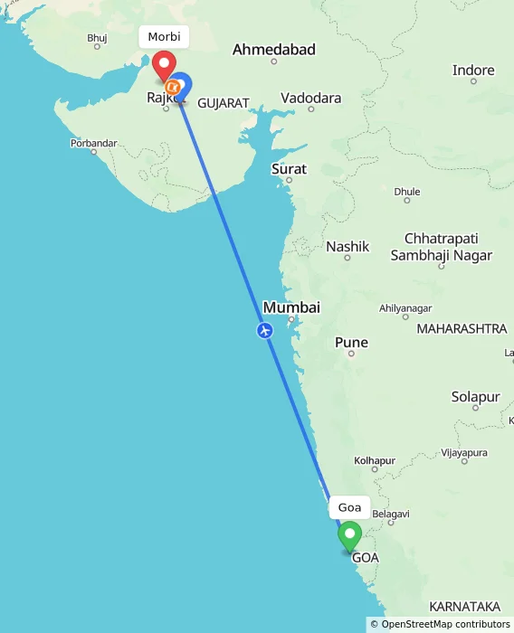 Route map showing distance and travel time from Goa, India to Morbi, India