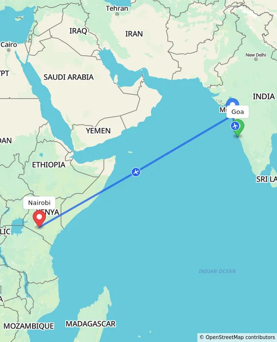 Route map showing distance and travel time from Goa, India to Nairobi, Kenya