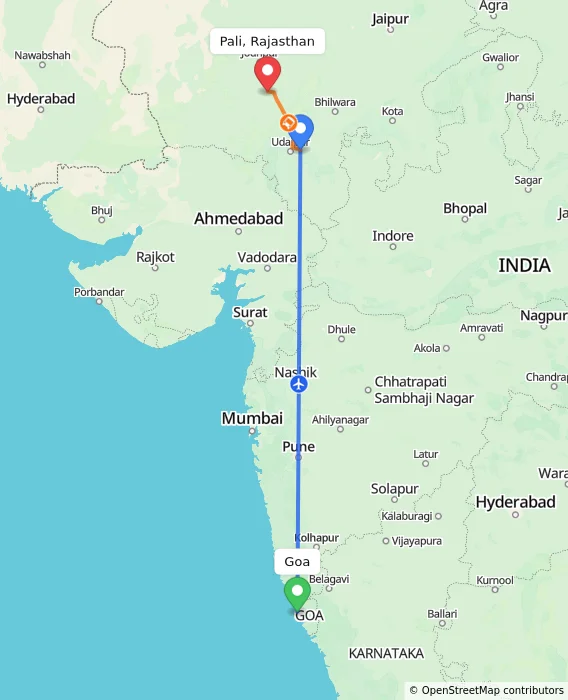 Route map showing distance and travel time from Goa, India to Pali, Rajasthan, India