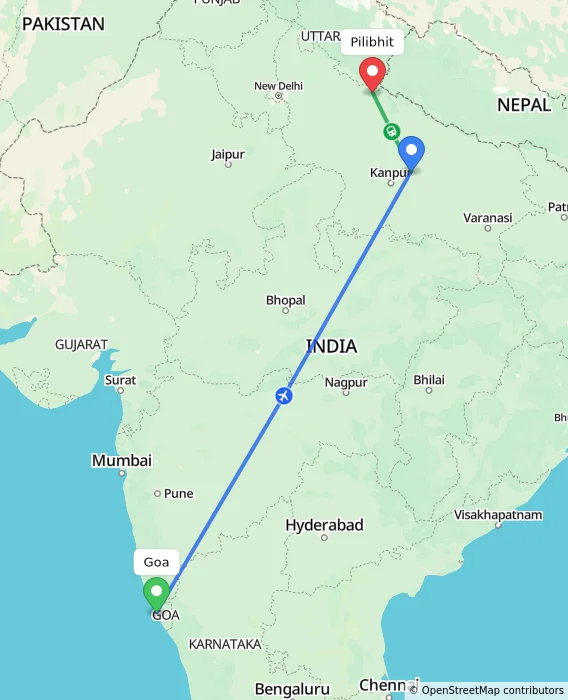 Route map showing distance and travel time from Goa, India to Pilibhit, India