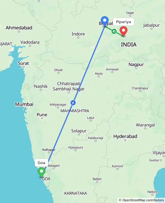 Route map showing distance and travel time from Goa, India to Pipariya, India