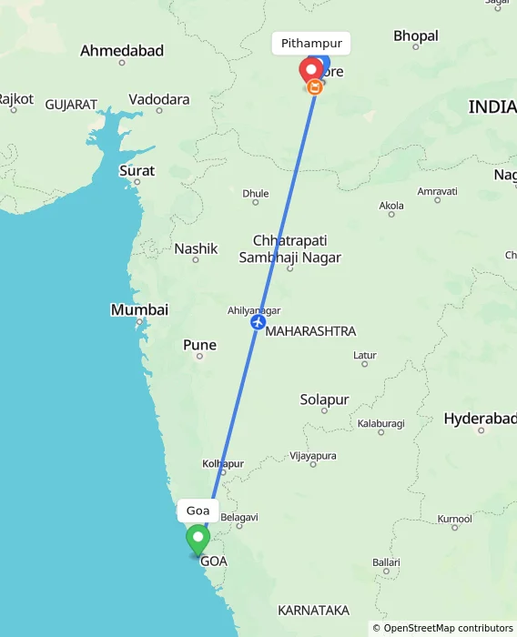 Route map showing distance and travel time from Goa, India to Pithampur, India