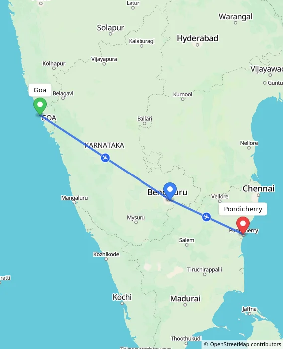 Route map showing distance and travel time from Goa, India to Pondicherry, India
